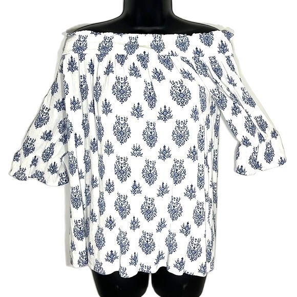 White With Blue Patterned Print Off Shoulder 3/4 Sleeve Gauze Like Top Size L - Picture 2 of 9